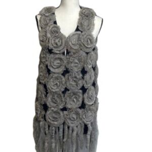 Rabbit fur Chaarm New York Black knit sweater vest Coat Rose flower rosettes